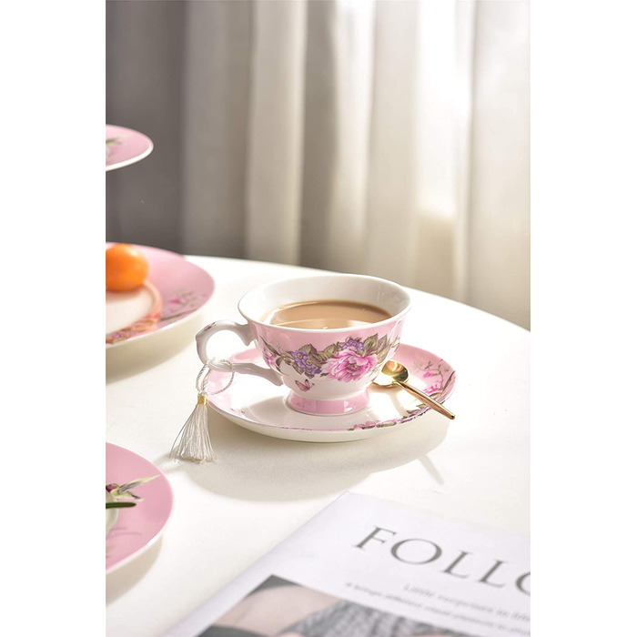 Чашка та блюдце з порцеляни Shabby Chic, 19,1 см, десертна тарілка, вінтаж, птах, метелик, квіти, подарункова коробка (рожевий)