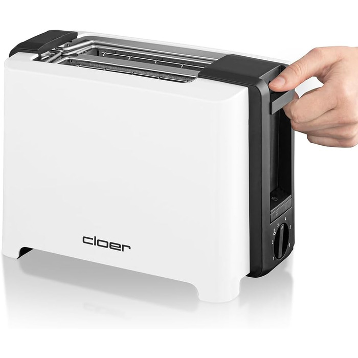 Тостер Cloer 3531 для 2 XXL тостів, 750-900 Вт, з функцією перевірки тосту, підставкою для булочок, розморожуванням, додатковим підйомом, білий