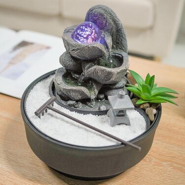Садовий фонтан Zen з обертовою скляною кулею, LED підсвіткою, білим піском, закритою циркуляцією води, 21 см, Bogota Zen'Light – декор для дому та саду