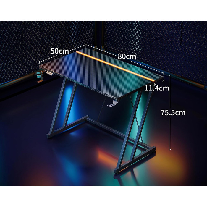 Ігровий стіл ODK 80x50 см з LED підсвіткою, чорний карбон: стіл для геймерів з тримачем для навушників та підставки для напоїв