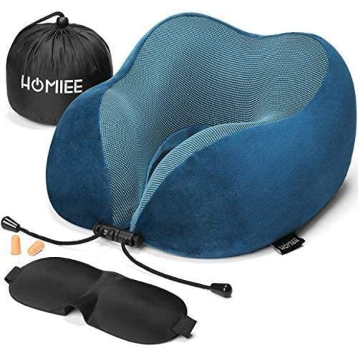 Ортопедична подушка для шиї HOMIEE з пам'яттю форми, ергономічна дорожня подушка для сну, комфортна підтримка, блакитна