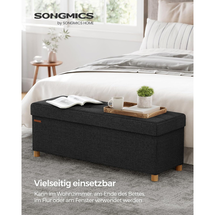 Банкетка SONGMICS з місцем для зберігання, складана, з ніжками, 38x76x40 см, пуф до 300 кг, чорна, для вітальні, спальні, передпокою