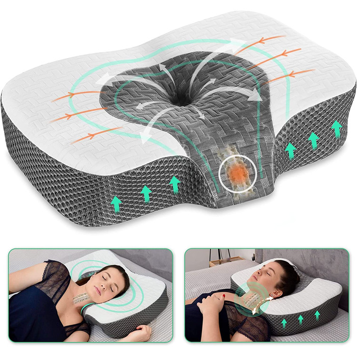 Ортопедична подушка Elviros з Memory Foam для сну, ергономічна, проти болю в шиї та хропіння, для бокового та шлункового сну, біла, 60x38.6x9.9/13.5 см