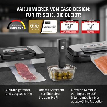 Акумуляторний вакууматор CASO Vacu OneTouch Eco-Set з 3 скляними контейнерами, 10 ZIP-пакетами та стікерами Food Manager, чорний