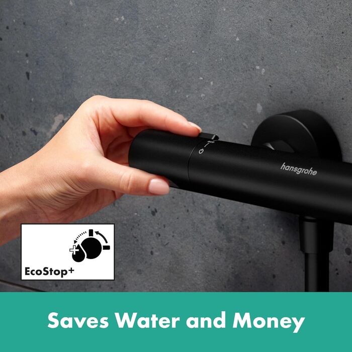 Змішувач Hansgrohe Ecostat Fine - n Aufputz з термостатом (SafetyStop 40°C) для 2 споживачів (чорний мат), комплект з водозберігаючим душем та стійкою 65 см