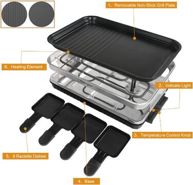 Електричний гриль для фондю Raclette на 8 осіб з антипригарним покриттям, 1500W, з 8 міні-сковорідками та 4 дерев'яними шпателями, регульована температура, нержавіюча сталь 44 x 30 x 16 см