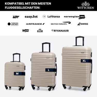 Набір валізWITTCHEN 3в1: велика, середня, маленька. Жорсткий корпус ABS, 4 колеса, кодовий замок. Підходить для Lufthansa, Eurowings, Ryanair, Condor. Бежевий колір.