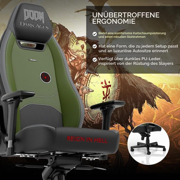 Ігрове крісло noblechairs Legend Doom: The Dark Ages Edition — ергономічний офісний стілець з підтримкою попереку, 4D-підлокітниками та шкіряним покриттям PU, до 150 кг