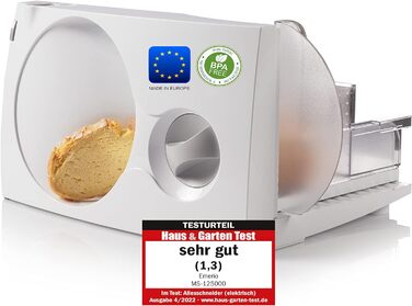 Електрична слайсер-овочерізка Emerio MS-125000, 100Вт, нержавіюча сталь, вироблено в ЄС, регулювання товщини 0-17мм, BPA-free, складана, біла, з безпечним вимикачем