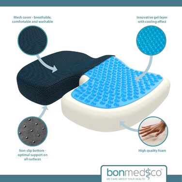 Ортопедична подушка для сидіння Bonmedico з Memory Foam та гелевим наповнювачем - для автомобіля, офісного крісла та інвалідного візка. Великий розмір (Блакитний)