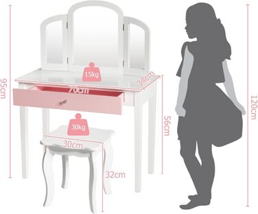 Дитячий туалетний столик DREAMADE з дзеркалом і стільчиком, білий, для дівчаток, принцеса, з ніжками з сосни