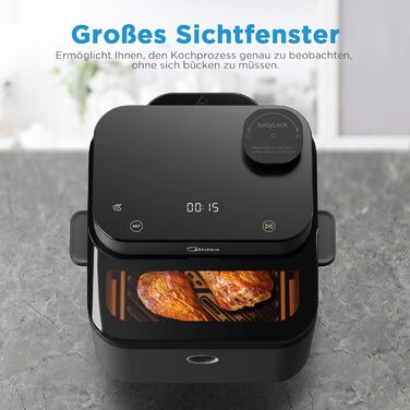 Аерофритюрниця Midea DualTaste 7 л з оглядовим вікном, 8 програм, 1650 Вт, хрусткий та соковитий режим, для запікання, грилю, розморожування, таймер до 12 годин, посудомийна решітка
