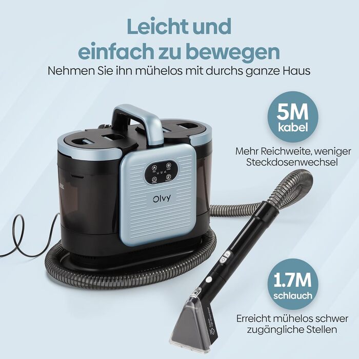 Olvy Teppichreiniger PRO: професійний пароочисник для килимів та м'яких меблів, 1650W. Включає миючий засіб. Підходить для чищення диванів, матраців та оббивки.