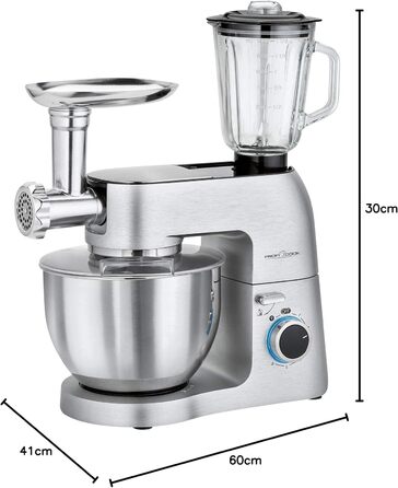 Планетарний міксер ProfiCook PC-KM 1189 3в1, м’ясорубка, міксер, алюмінієвий корпус, 1500 Вт, 8 швидкостей, 6,7 л, сріблястий