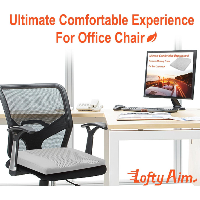 Автомобільна подушка Lofty Aim з піни Memory Foam для водія: підтримка спини, зняття болю при ішіасі, для автокрісла, офісного крісла, візка (сіра, PU-шкіра, 4D Mesh)