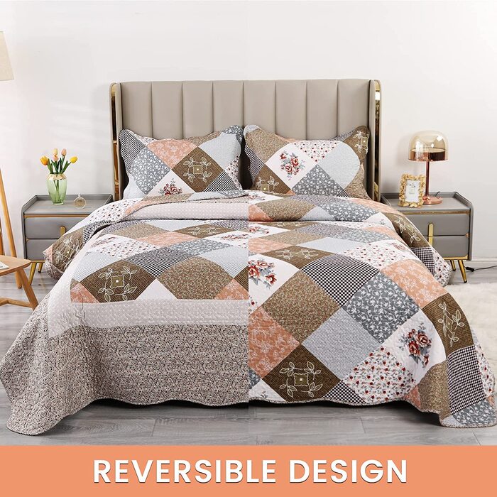 Покривало стьобане Qucover Patchwork 230x250 см для двоспального ліжка, комплект з 2 наволочками 50x70 см, зимовий, поліестер, двосторонній візерунок