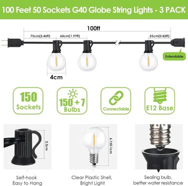 LED гірлянда Mlambert для вулиці 30м, димована, водонепроникна, G40, 53 лампочки 2700K, чорний кабель