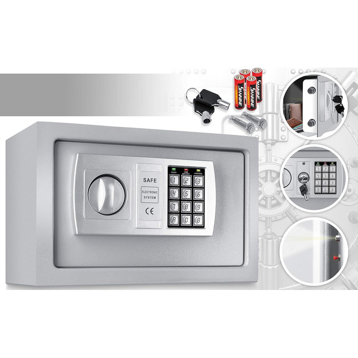 Електронний сейф KESSER 31x20x20 см, LED-дисплей, подвійний ригель, настінний та меблевий, кодовий замок, сріблястий, з підсвіткою та монтажним комплектом