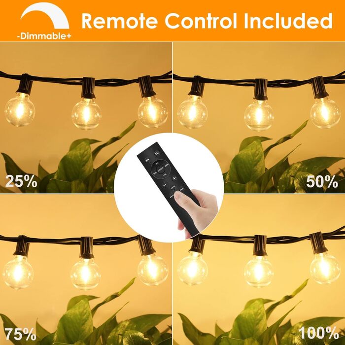 LED гірлянда для вулиці з пультом керування, 15м, G40, диммування, 4 режими, таймер, вологостійка, для саду, балкону, тераси, вечірки, кемпінгу, весілля