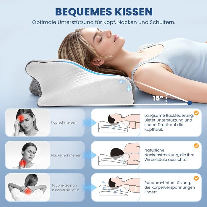 Ортопедична подушка A-Pce з піни Memory Foam для шиї та спини, сіро-біла. Для сну на боці, спині та животі. Зменшує біль у шиї, плечах та спині.