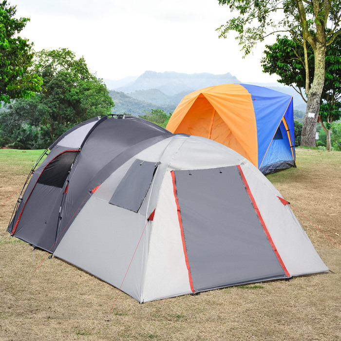 Outsunny Camping Tent 5-місний тунельний намет зі спальнею, сумка для перенесення, водяний стовп 2000 мм, сітчасте вікно, сірий