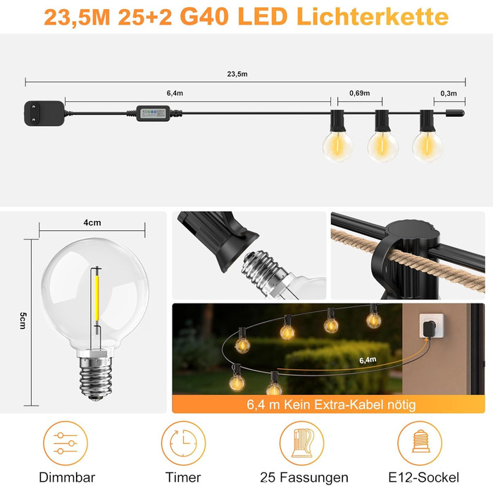 LED гірлянда вулична G40, 23.5м, з пультом та керуванням через додаток, теплий білий, водонепроникна, для саду/балкону
