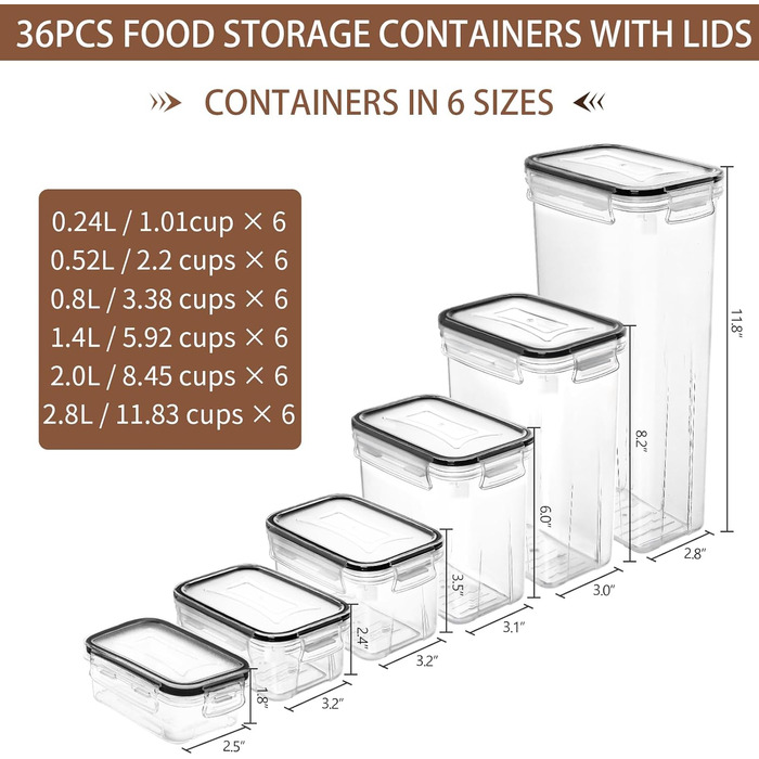 Набір контейнерів Skroam 36 шт. для зберігання продуктів - BPA-free, з кришкою, для круп, цукру, макаронів та інших продуктів
