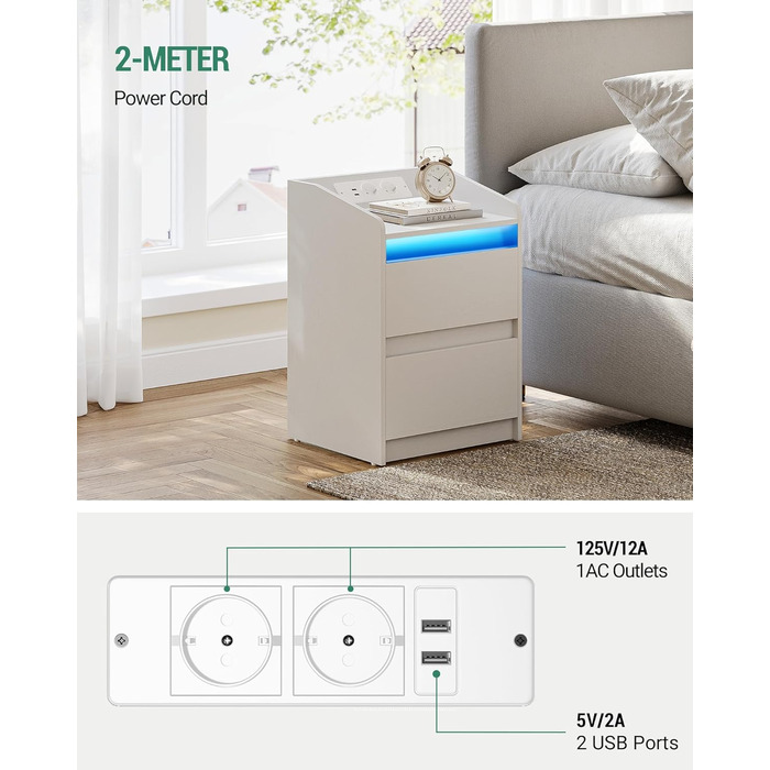 Приліжкові тумби з LED-підсвіткою, зарядною станцією, 2 шухлядами, USB-портами та розетками, стильні та універсальні, чорні, ідеальні для спальні та вітальні, модель NS30004X