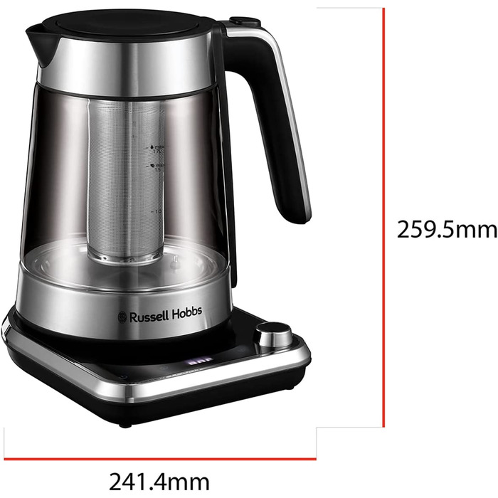 Скляний електрочайник Russell Hobbs Attentiv 26200-70 з регулюванням температури (40-100°C), ситом для чаю, цифровим керуванням та функцією підігріву, 1.7л, 2400Вт, нержавіюча сталь
