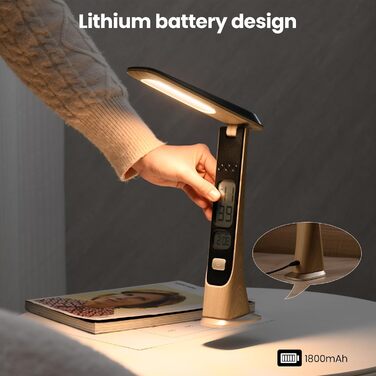 Світлодіодна настільна лампа Morwealth з акумулятором, димуванням, USB-зарядкою, годинником і сенсорним керуванням — портативна для дому, читання, офісу