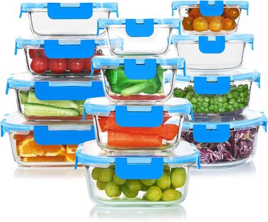 Набір скляних контейнерів для зберігання продуктів Komuee (24 шт.) з кришкою, BPA-free, для мікрохвильовки та посудомийної машини (блакитний)