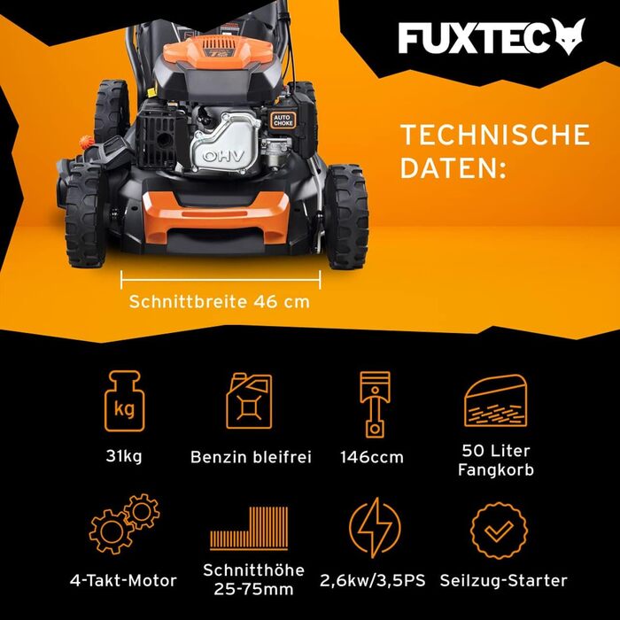 Бензиновий газонокосарка FUXTEC FX-RM4346 4-в-1 з приводом на задні колеса, ширина косіння 42 см, 46 см об'єм двигуна, 40л травоспікач