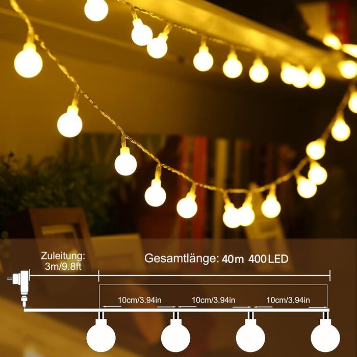 Льоководна гірлянда WOWDSGN 40M 400 LED, диммер, 8 режимів, для дому та саду, тепле світло, ідеальна для свят