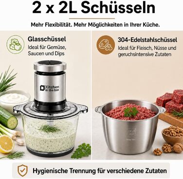 Електричний багатофункціональний подрібнювач Kitchen in the box 400W: 2 чаші по 2л (скло та нержавіюча сталь), 4 ножі, 2 режими швидкості для м'яса, овочів, горіхів та соусів, сріблястий