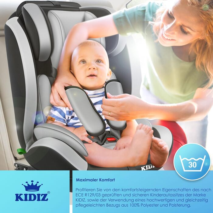 Дитяче автокрісло KIDIZ з Isofix, група 1/2/3, 9-36 кг, регульований підголівник, 5-точковий ремінь, сіре, для дітей 1-12 років