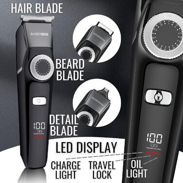 BarberBoss 3-в-1 тример для волосся та бороди, чоловічий набір для стрижки, USB, водонепроникний, 4 насадки, LED підсвітка