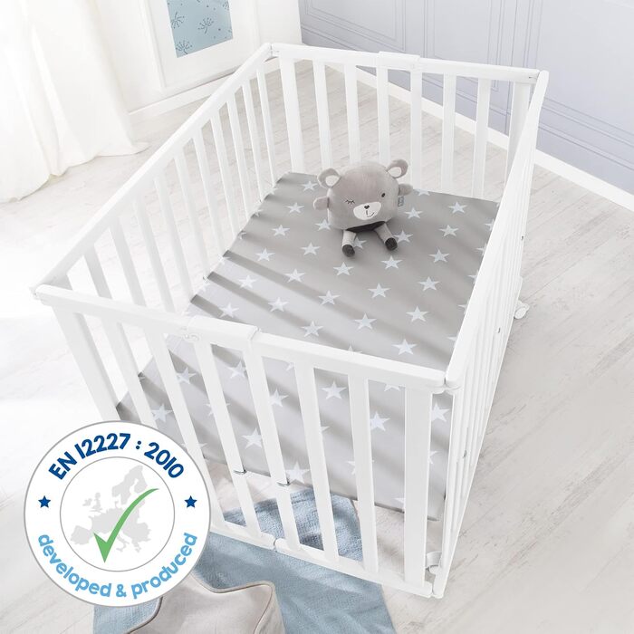 Дитячий манеж roba складаний, білий, дерево, з матрацом Little Stars, 74x100 см, компактний, на колесах