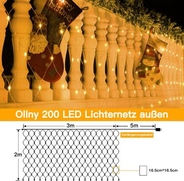 Світлодіодна сітка Ollny 3x2м, 200 LED, тепле біле світло, для вулиці та кімнати, з пультом, таймером, водонепроникна IP67, 8 режимів, для кущів, саду, балкона