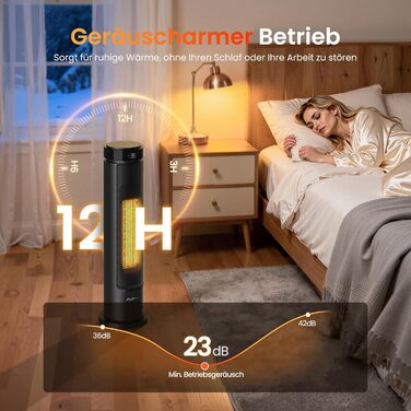 Електричний обігрівач 1500W з PTC-керамічним нагрівачем, портативний з термостатом та ECO-режимом, 4 режими, цифровий дисплей, таймер 12 годин, тихий (35dB), чорний (60см)