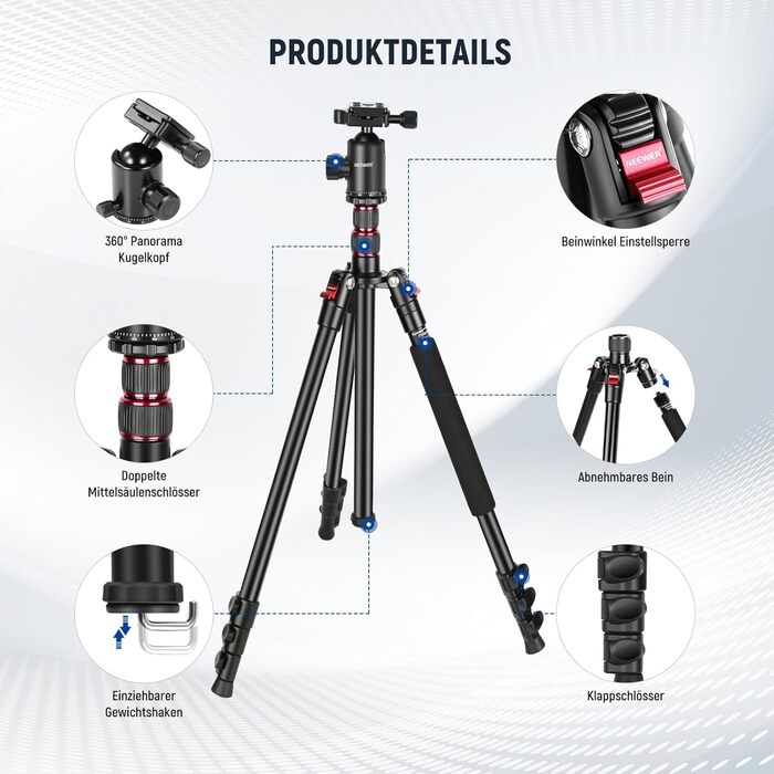 NEEWER 77'' штатив-монопод для DSLR і телефону, алюмінієвий, з 360° панорамною головкою, 2-осьовою центральною колоною, Arca QR, до 15,4 кг, сумка
