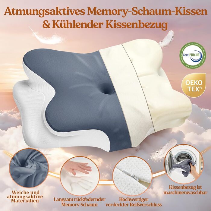 Подушка для шиї з піни Memory Foam: ортопедична подушка для сну на боці, спині та животі (Сіра)