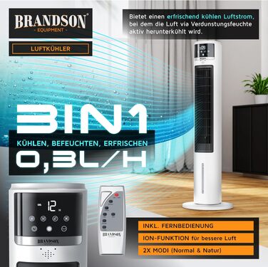 Brandson Мобільний випарний охолоджувач повітря з функцією іонізації та похитуванням (ECO дизайн, DC мотор, 60% економії енергії, настільний)