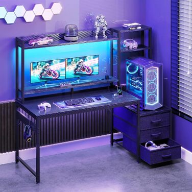 Ігровий стіл Coleshome з LED підсвіткою, полицею, висувними ящиками та розеткою 137x48 см (Чорний карбон)