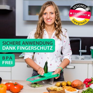 Овочерізка терка з нержавіючої сталі Freegreen Germany з V-подібним лезом та контейнером для збору, з тримачем для овочів
