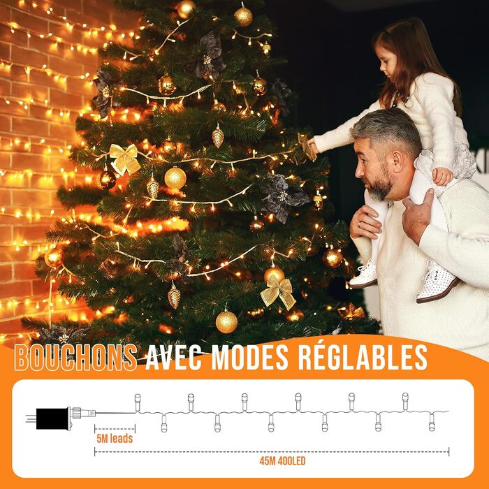 Світлодіодна гірлянда для вулиці та дому 45м 400 LED, теплий білий колір, 8 режимів роботи, з пультом керування та таймером, водонепроникна IP44, різдвяна ілюмінація для саду та балкона
