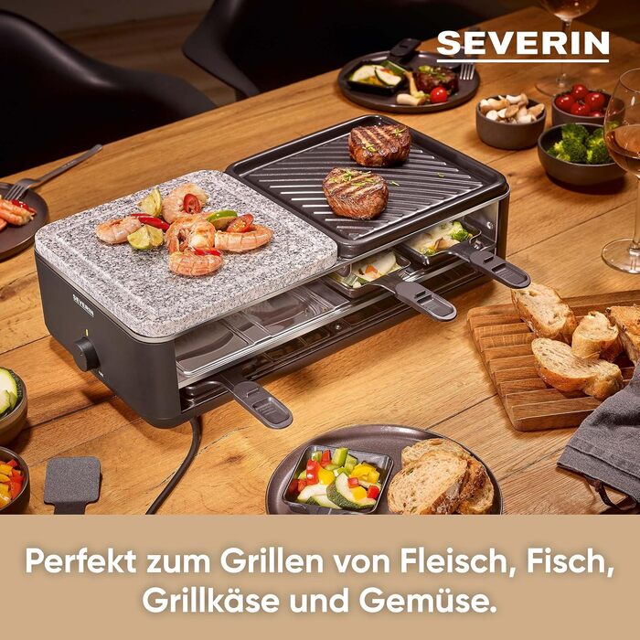 Раклет-гриль SEVERIN RG 2365 Black Line Lite на 8 осіб з антипригарною гриль-платкою та глибокими піддонами, посудомийний