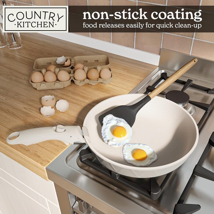 Набір посуду та сковорідок Country Kitchen, 13 предметів, антипригарне покриття, знімна ручка, підходить для духовки та кемпінгу (Rhombus, кремовий)