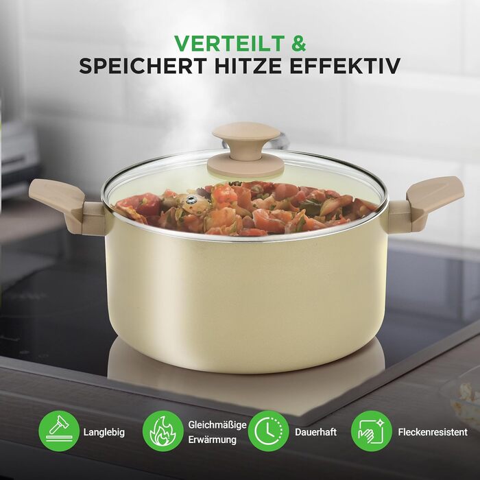Набір посуду NutriChef 54 шт. – сковороди, каструлі, кухонні аксесуари талового кольору. З ножами, формами для випічки та аксесуарами. Підходить для індукційних, газових та електричних плит. Здорове та дієтичне приготування їжі