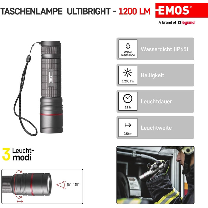 EMOS акумуляторний металевий ліхтарик CREE LED, 3 режими, фокус, водонепроникний, ударостійкий, 1200 люмен, до 280 м, стрічка і чохол, для дому та вулиці, сірий