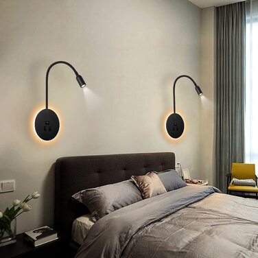 Світильник для читання Awekliy 3W+8W LED з гнучкою ніжкою, настінний, з USB-зарядкою, перемикачем, для спальні, ліжка, нічник, чорний, 3000K